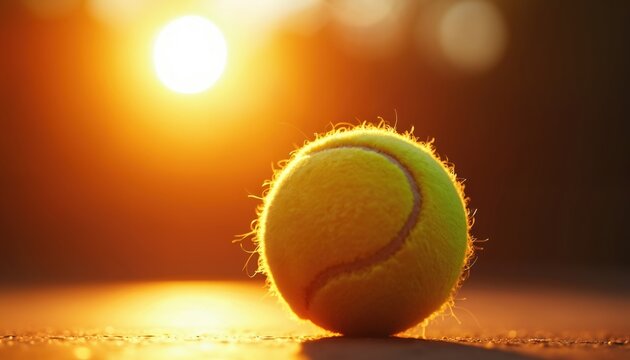 Tennis ball against golden sunlight. Warm tones create soft glow. Sunset light, orange sky, nature beauty, summer vibe. Yellow, red hues. Flare, design, heat, background.
