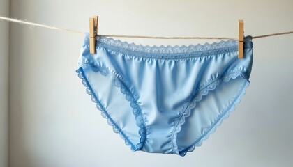 Delicate blue panties hang on clothesline against white background. Lingerie, lace detail, soft light. Underwear drying after washing at home, simple still life. Feminine design, clothing concept,
