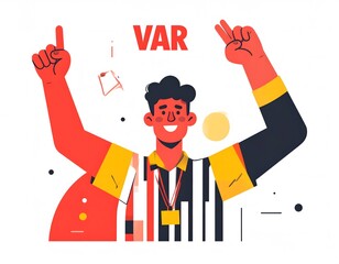 Football referee making var signal during soccer match