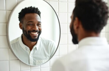 Smiling African-American man looks in mirror. Happy black man in bathroom, white shirt. Positive emotion, healthy skin, self-care, happy face, beard, afro hair, good mood at home.