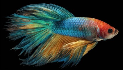 Fototapeta premium Vibrant Betta Fish With Flowing Fins on Black Backdrop, Showcasing Aquatic Beauty and Exotic Pet Ownership : Generative AI