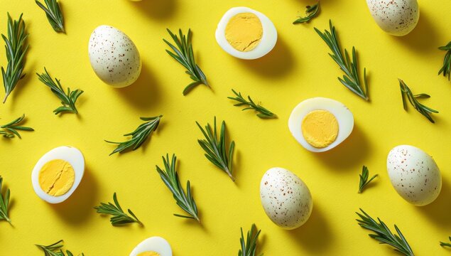 Hard Boiled Eggs and Rosemary Sprigs on Yellow Background, Representing Healthy Eating and Fresh Ingredients for Recipe Development and Culinary Inspiration : Generative AI - Powered by Adobe
