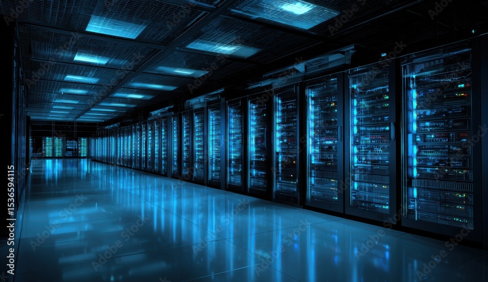 Poster Server Room With Rows of Data Racks and Blue Lights, Illustrating High-Tech Infrastructure and Digital Transformation for Business : Generative AI