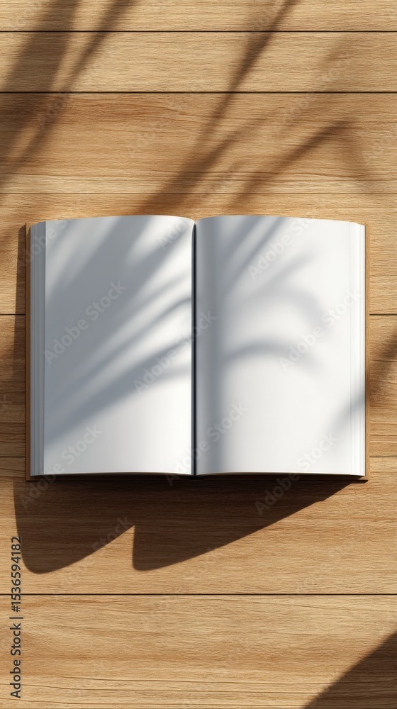 Poster open book with blank pages on wooden table, mockup for self-publishing and creative writing projects