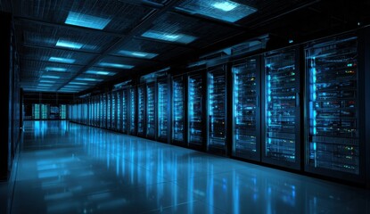 Fototapeta premium Server Room With Rows of Data Racks and Blue Lights, Illustrating High-Tech Infrastructure and Digital Transformation for Business : Generative AI