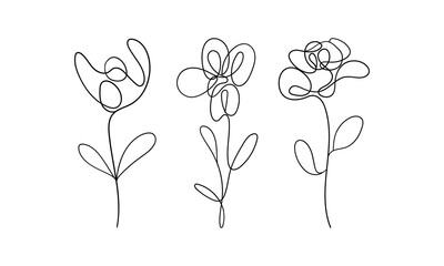 Minimal Floral Sketch Trio. Three simple flowers drawn in minimal line style with soft curves and gentle contours. Ideal for clean design needs.
