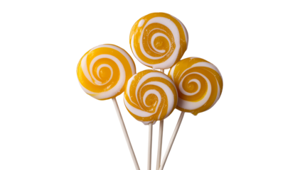 Yellow lollipops candy spiral sweet treat confectionery sugar dessert food delicious snack isolated on transparent background