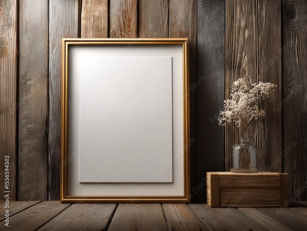 Poster golden frame mockup on rustic wooden wall with flowers, ideal for product display and interior desig