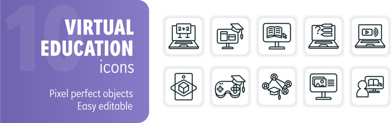Set of virtual education icons depicting online learning activities