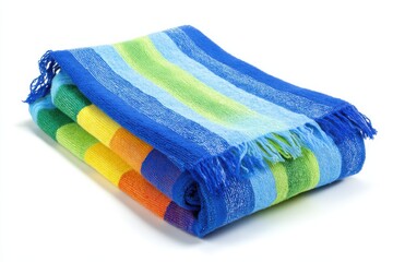 Folded Striped Beach Towel on White Background, Symbolizing Summer Vacation and Relaxation, Ideal for Travel and Hospitality Marketing : Generative AI