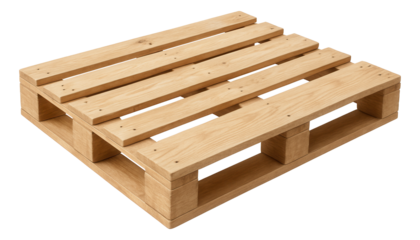 Wooden shipping pallet constructed from light-colored timber with evenly spaced slats on transparent background.