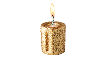 Golden glitter birthday candle burning bright for celebration party decoration isolated on transparent background