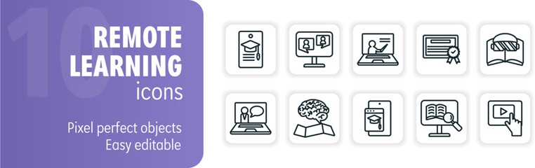 Set of remote learning icons showing online education, digital diploma, learning, video lesson and more