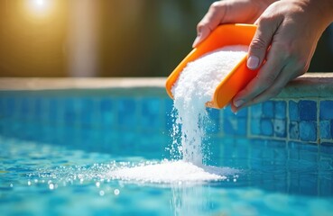 Hands pouring salt into pool water. Adding salt for clean healthy swimming pool water with blue tiles. Pool maintenance. Summer vacation, spa resort, aqua, water treatment, leisure.