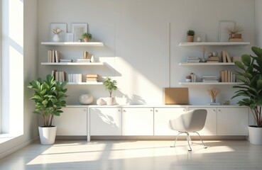 Minimalist home office interior design. Modern white room with shelves books decor. Workspace for video conferencing, online meetings, remote work. Clean aesthetic space with chair, laptop, plants
