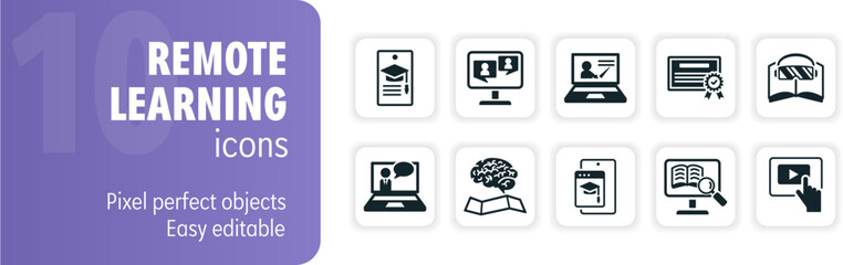 Remote learning and online education icon set featuring students learning using laptops and mobile devices