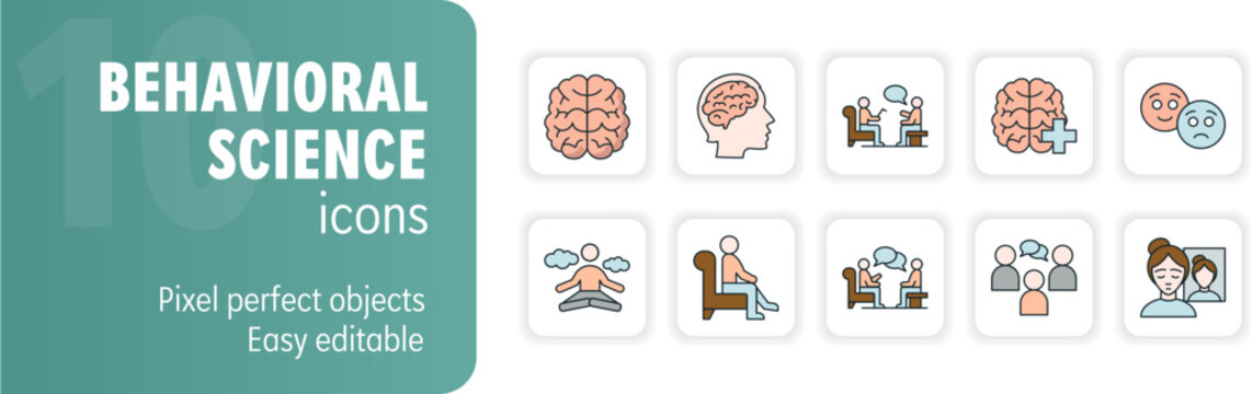 Behavioral science icon set representing psychology and mental health concepts