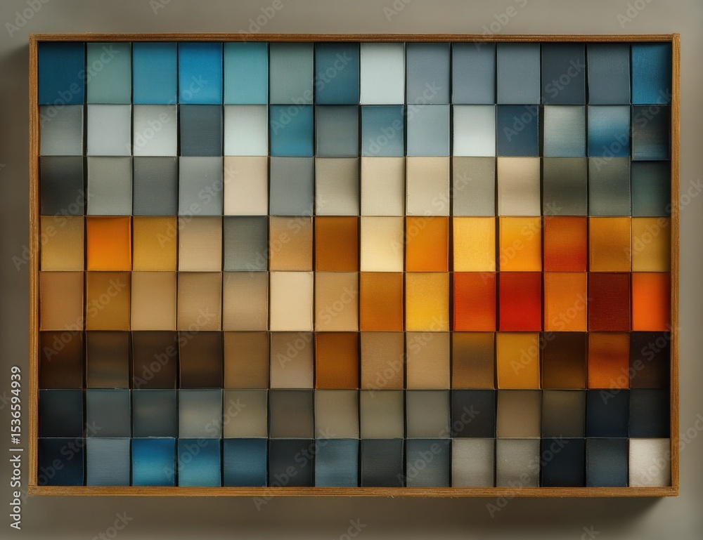 Poster Abstract Gradient of Colorful Cubes in Wooden Frame, Symbolizing Creativity and Visual Harmony for Interior Design and Modern Art Projects : Generative AI