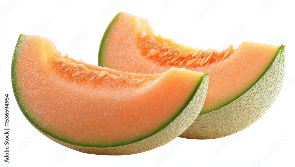 Aufkleber two slices of cantaloupe melon on white background, representing healthy eating and summer refreshme