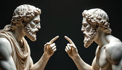 Two ancient philosopher sculptures engaged in intense debate. Sculpture dialogue, thought exploration. Focus on intellectual discourse, communication, wisdom, with fingers pointing. Represents
