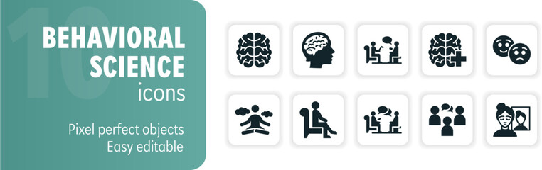 Set of behavioral science icons depicting patients consulting psychologists and concepts of psychology