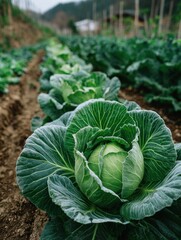 Rows of Fresh Green Cabbage Growing in a Farm Field, Representing Sustainable Agriculture and Healthy Eating : Generative AI