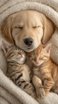 Golden Retriever Puppy and Two Kittens Sleeping Together on a Blanket, Representing Friendship and Animal Companionship for Pet Care Campaigns : Generative AI