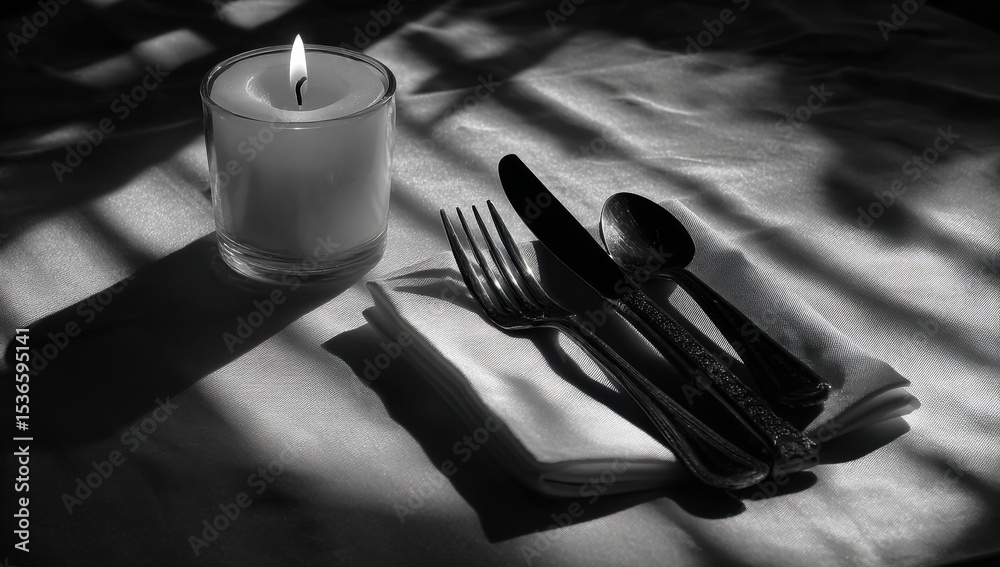 Poster elegant table setting with candlelight and silverware, symbolizing fine dining and romantic celebrat