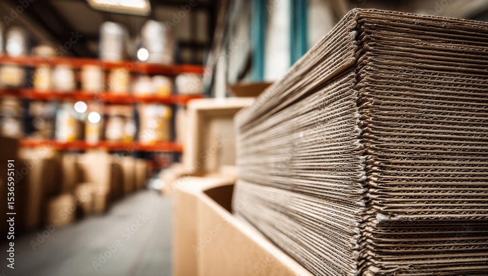 Poster stack of corrugated cardboard sheets in warehouse, representing packaging solutions and supply chain