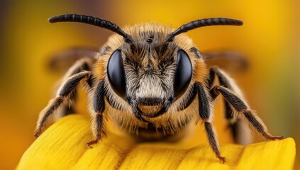 Honeybee Macro on Yellow Petal, Symbolizing Pollination and Environmental Awareness for Sustainable Agriculture Initiatives : Generative AI