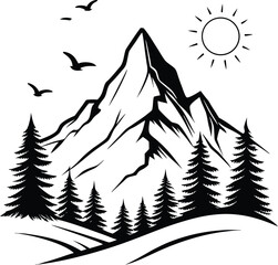 Majestic Mountain Peak with Evergreen Trees and Birds in Flight Black and White Nature Illustration