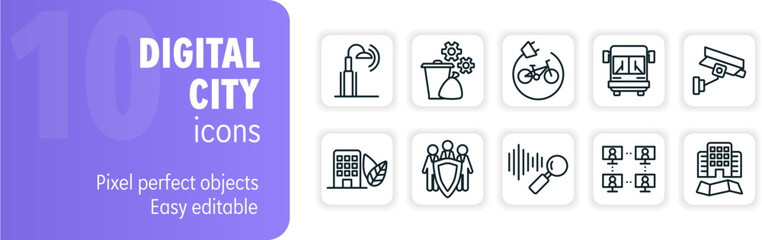 Set of 10 digital city icons depicting various aspects of a smart city environment