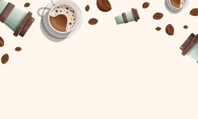 Background with a Top Semicircular Frame. Coffee Backdrop with Roasted Beans, Takeaway Cups, and a White Ceramic Cup of Fresh Coffee.