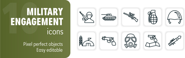 Fototapeta premium Set of military engagement icons featuring weapons and soldier equipment