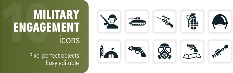 Set of military engagement glyph icons representing various aspects of warfare