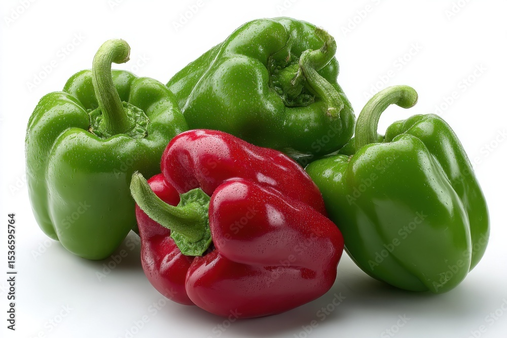 Poster fresh green and red bell peppers stacked on white, symbolizing healthy eating and culinary creativit