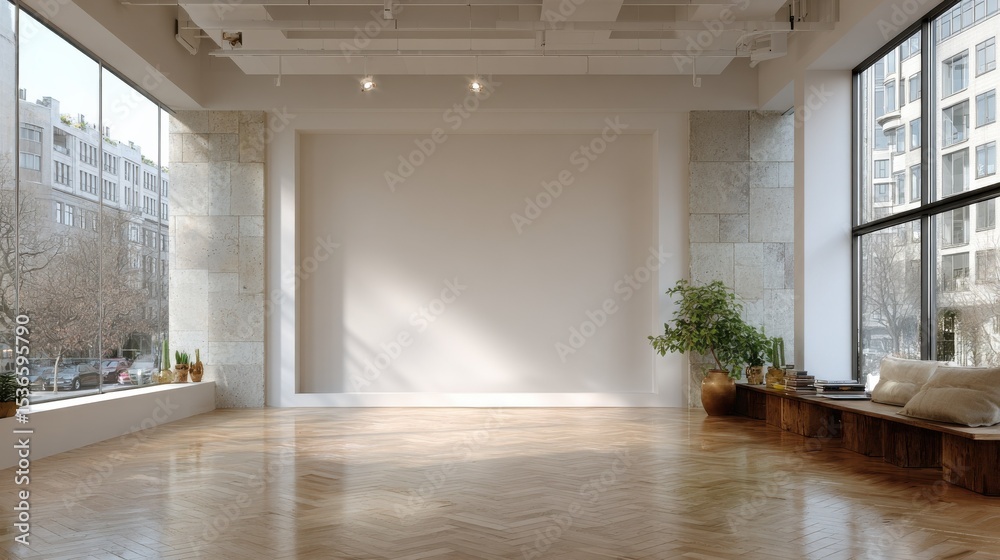 Aufkleber bright empty studio space with large windows, ideal for creative collaboration and product presentat