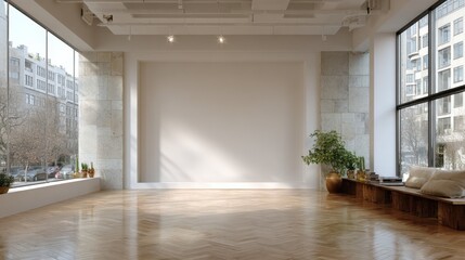 Fototapeta premium Bright Empty Studio Space With Large Windows, Ideal for Creative Collaboration and Product Presentation, Showcasing Modern Minimalism : Generative AI