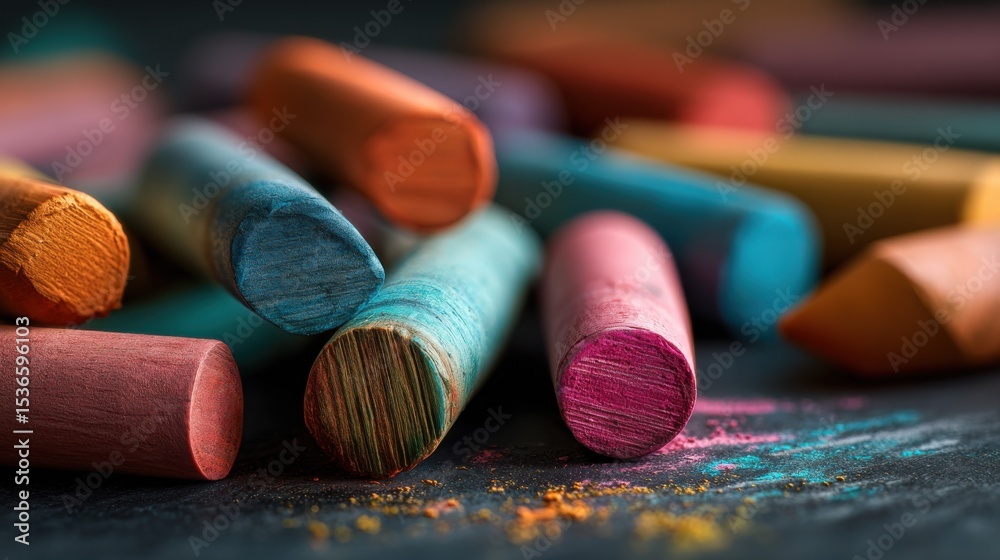 Poster close-up of colorful chalk sticks on dark surface, showcasing artistic expression and creative inspi