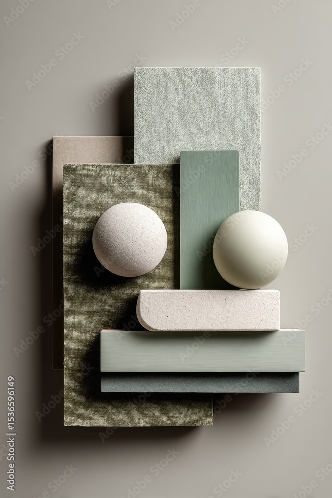 Poster Geometric Composition With Spheres And Rectangles In Muted Green Tones, Ideal For Interior Design Mockups And Creative Color Palette Presentation : Generative AI