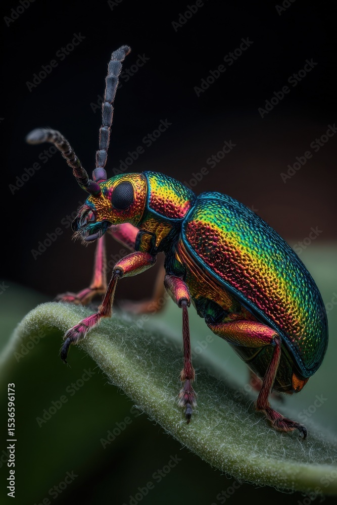 Poster iridescent beetle crawling on leaf in macro view, showcasing insect diversity and environmental awar