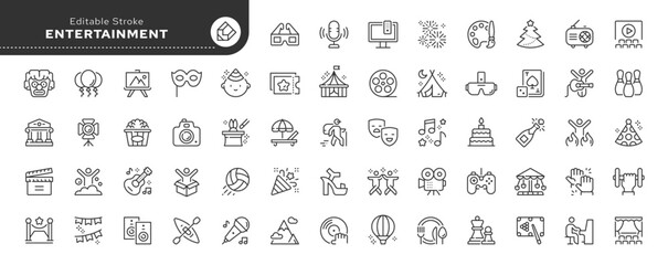 Entertainment line icon set. Hobbies, recreation, concert, party, holiday, dancing, cinema, theater, music, art, show, museum, circus and more. Outline icon in linear style. Vector collection.