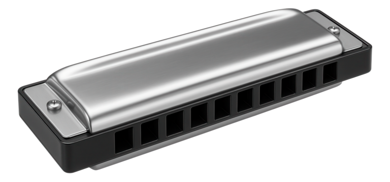 A sleek metal harmonica featuring ten holes with a smooth, polished finish designed for musical performances on transparent background.
