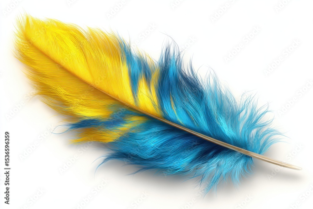 Poster vibrant feather in yellow and blue on white, symbolizing creativity and artistic expression for bran
