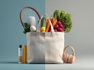 Healthy Lifestyle Concept With Sports Equipment and Fresh Vegetables in a Tote Bag, Promoting Wellness and Balanced Living : Generative AI