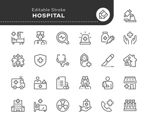 Hospital line icon set. Medicine, medical health, healthcare, care, doctor, nurse, ptreatment, pharmacy and more. Outline icon in linear style. Vector collection.	
