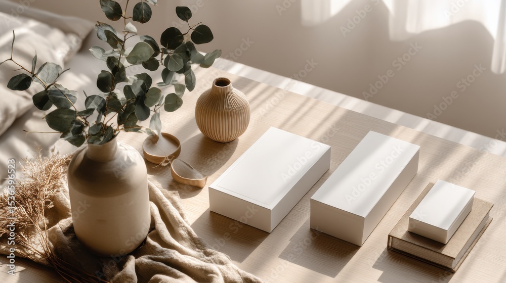 Poster elegant still life with eucalyptus, books, and boxes on table, ideal for branding mockups and produc