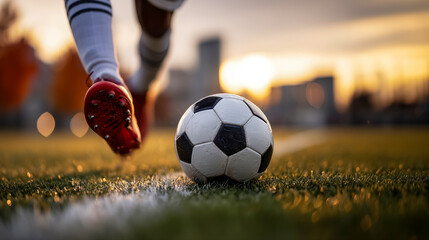Close up of soccer ball on field and player's feet preparing to kick ball, dynamic moment of gravity, warm autumn evening in city park and stadium, copy space concept of amateur teams playing soccer