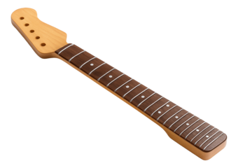 Wooden electric guitar neck with frets and tuning peg holes, showcasing smooth craftsmanship and design on transparent background.