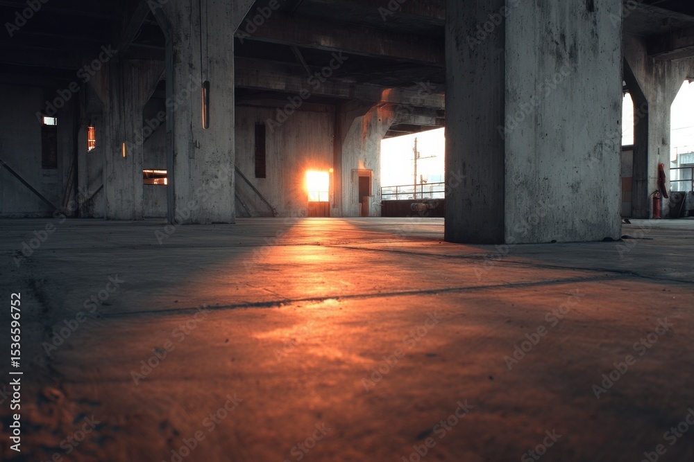 Poster sunlight streaming through windows in empty concrete building, symbolizing urban renewal and archite